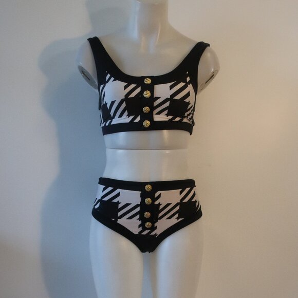 Womens BeachRiot Black, White 2PC Swimsuit W/Gold Buttons M - Picture 1 of 6